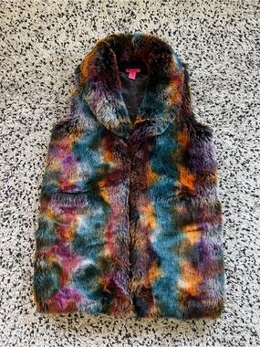 Betsey Johnson Multicolor Faux Fur Sleeveless Cardigan Coat Boho Festival OS